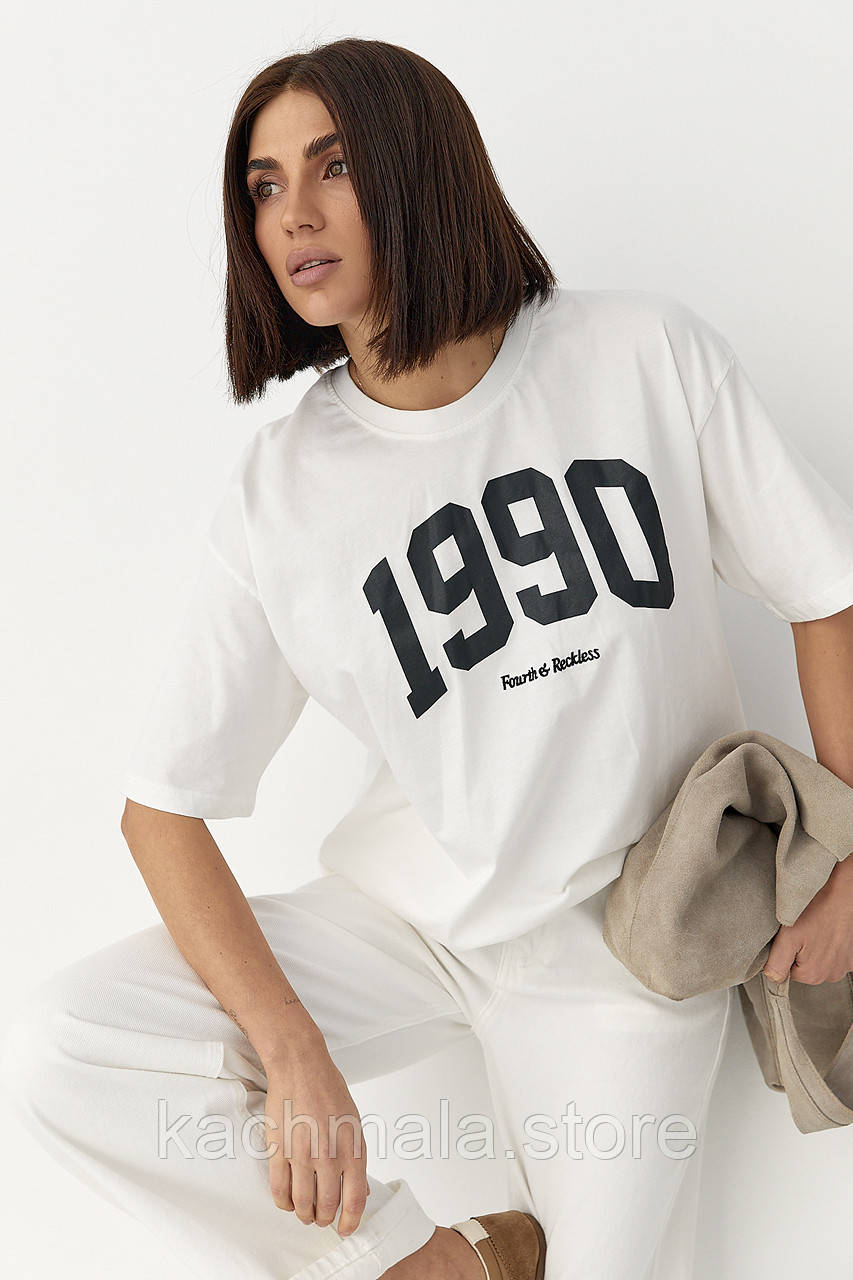 Футболка oversize з принтом 1990 - молочний цвет, ONE SIZE (є розміри)