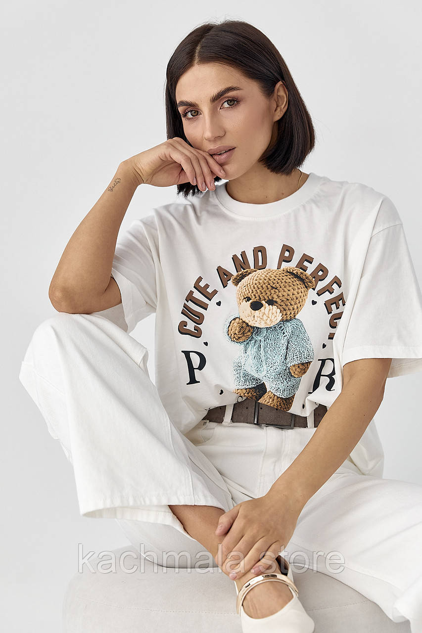 Oversize футболка з принтом ведмедика - білий цвет, ONE SIZE (є розміри)