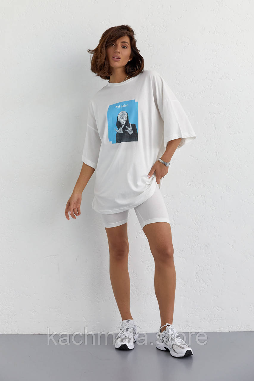 Костюм з футболкою oversize та велосипедками - молочний цвет, S (є розміри)