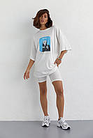 Костюм з футболкою oversize та велосипедками - молочний цвет, S (є розміри)