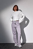 Костюм-двійка з в'язаною кофтою в косички та трикотажними штанами - світло-сірий цвет, M (є розміри)