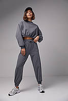 Жіночий спортивний костюм з укороченим світшотом та джогерами - темно-сірий цвет, L (є розміри)