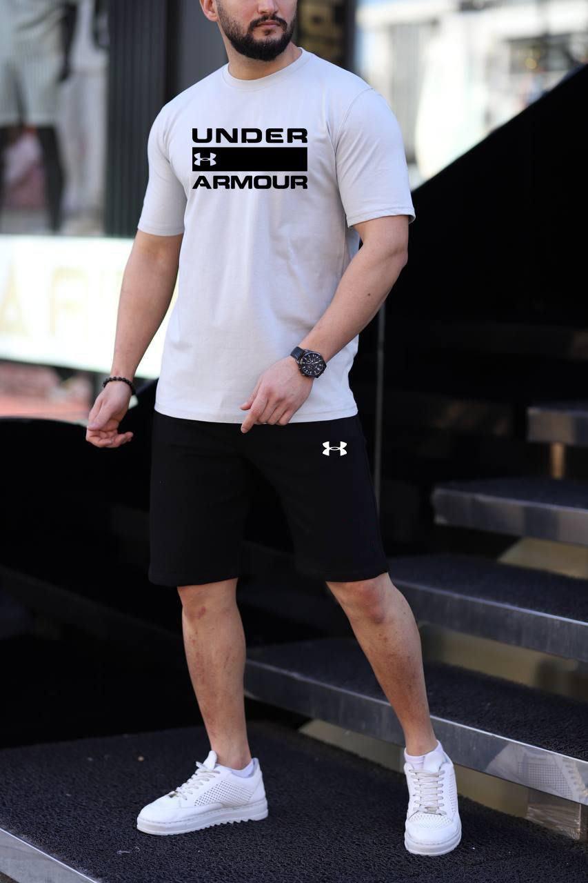 Чоловічий літній костюм Under Armour Футболка + Шорти білий з чорним комплект Андер Армор, фото 1