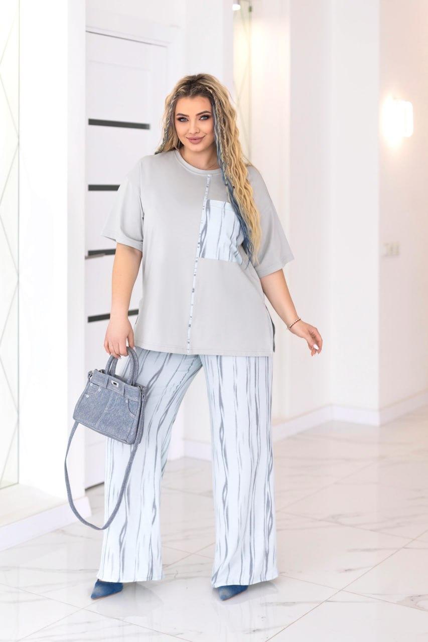 Жіночий легкий літній костюм великого розміру plussize 48-62 футболка кулір і широкі брюки креп жатка