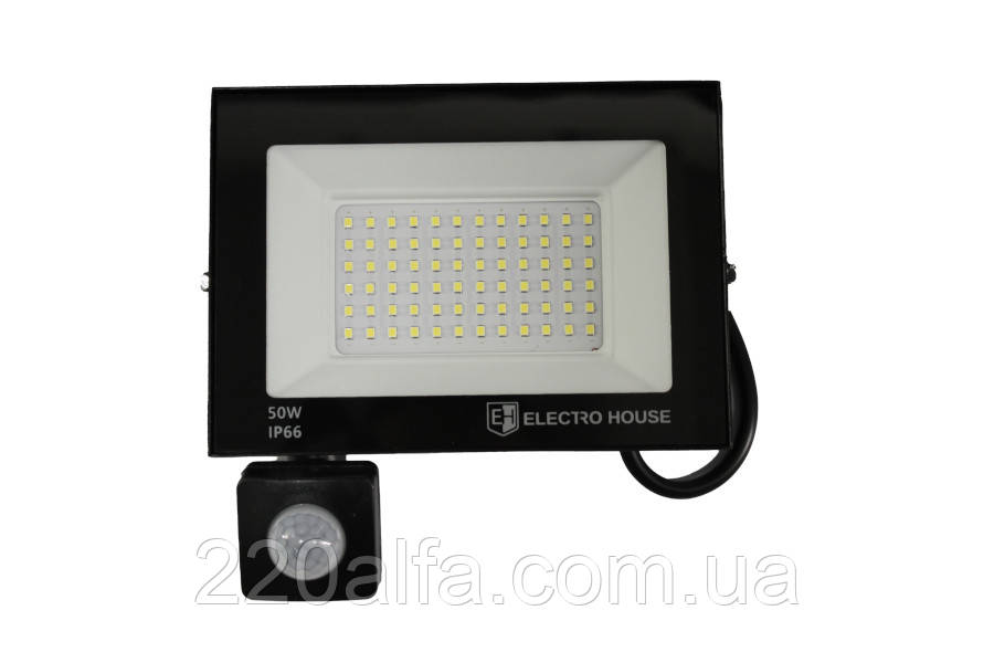 LED прожектор з датчиком руху 50Вт 5000 Лм 6500К холодний білий SMD2835, фото 1
