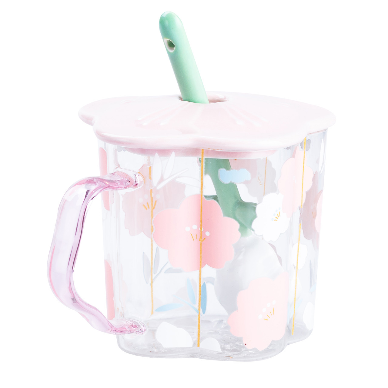 Чашка скляна 500 мл з кришкою та ложкою Рожева для чаю та кави, фото 1