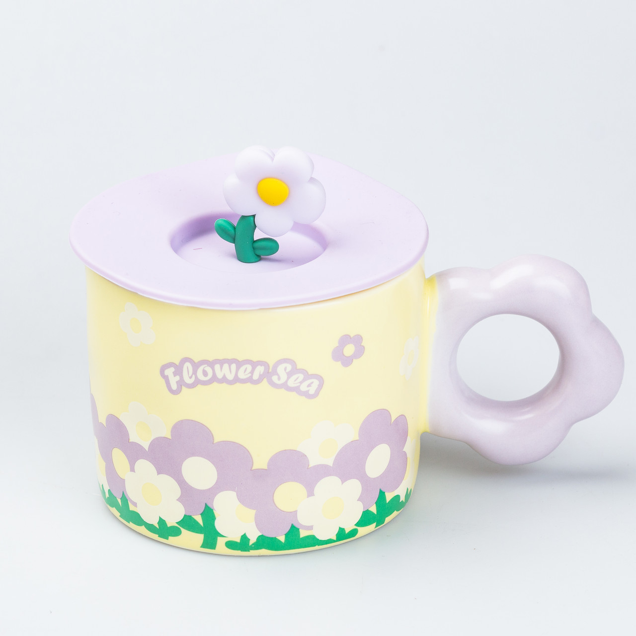 Чашка керамічна 300 мл з кришкою "Квітка" Жовта декоративна кружка для чаю та кави, фото 1