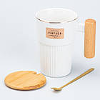 Чашка керамическая 400 мл с ложкой и бамбуковой крышкой Белая кружка для чая и кофе, фото 2