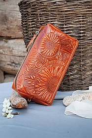 Велика шкіряна косметичка жіноча руда з тисненням Соняшники