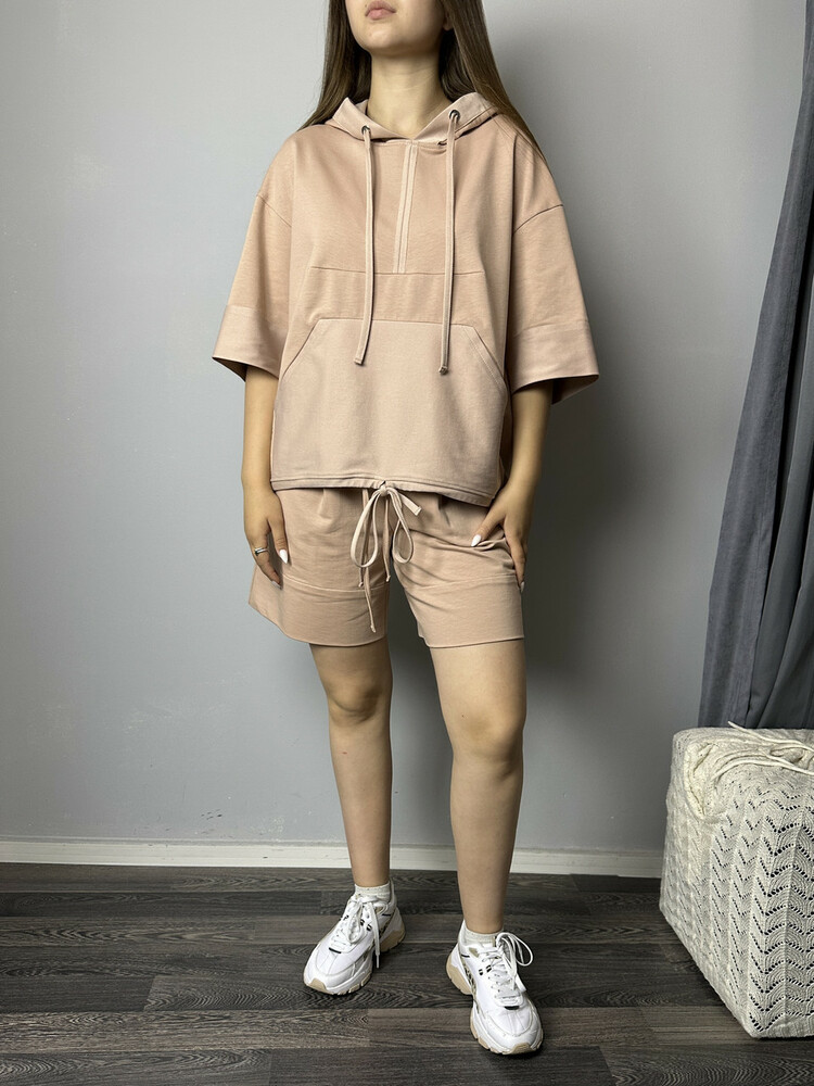 Худі жіноче на короткий рукав бавовняне світло-бежеве Perfect Modna KAZKA MKSH2442-1, фото 1