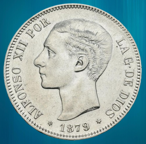 Сувенір монета 5 песет 1879 рік Альфонсо ХII, (Іспанія), фото 1