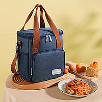 Місткий великий термо ланч біг - сумка для обідів з кишенею, холодильник Синій