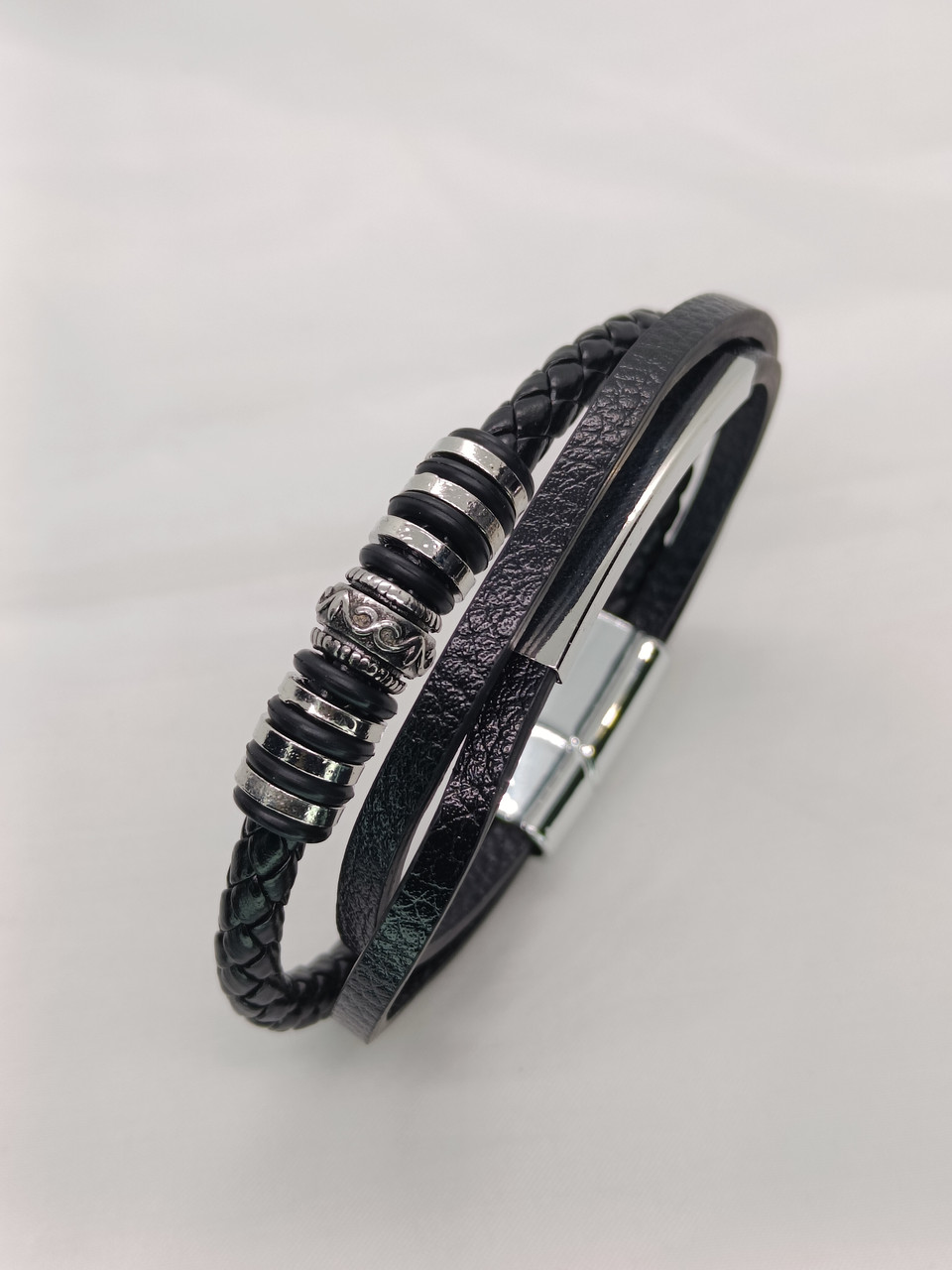 Шкіряний браслет чоловічий зі сталевою пластиною та намистинами, чорний №15, фото 1