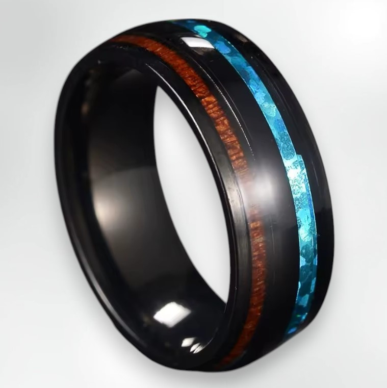 Каблучка чорна нержавіюча сталь голубі коричневі вставки 8 мм унісекс розмір 16.5, фото 1
