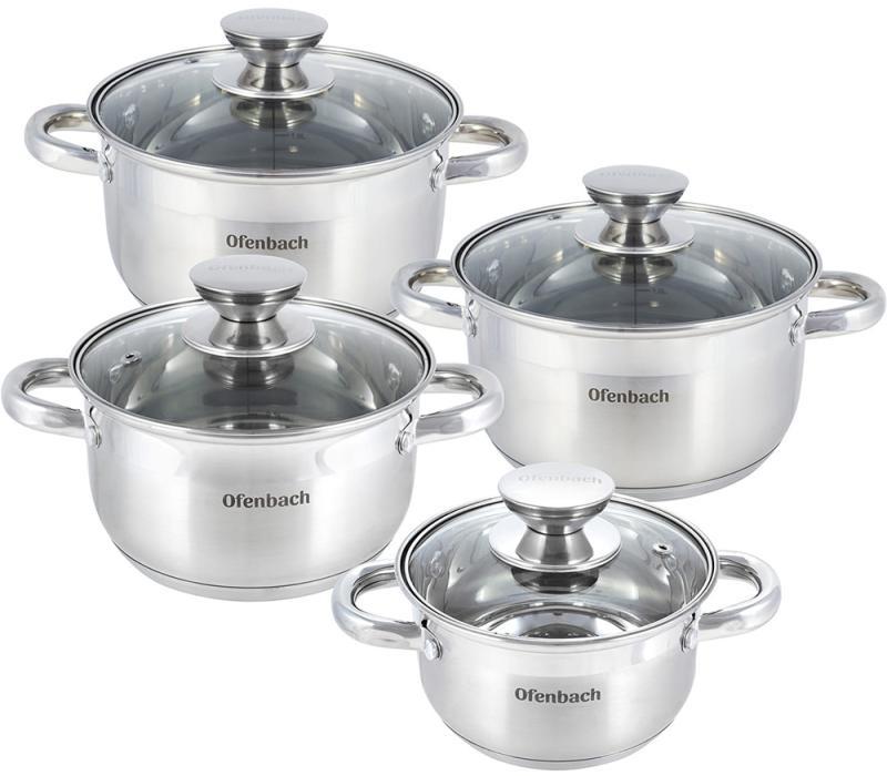 Набір 4 каструлі Ofenbach Casserole із нержавіючої сталі (1.1л, 1.7л, 2.4л, 3.4л) зі скляними кришками
