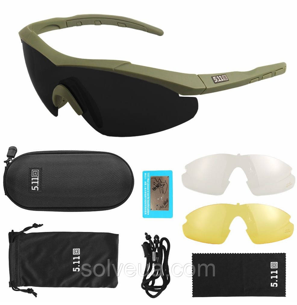 Тактичні Окуляри 5.11 Aileron Shield із 3 лінзами олива оправа з поляризацією.solve, фото 1
