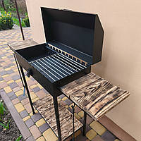 Мангал-барбекю 5 мм на 12 шампурів з кришкою знімні ніжки дерев'яні полиці решітка-гриль совок та кочерга