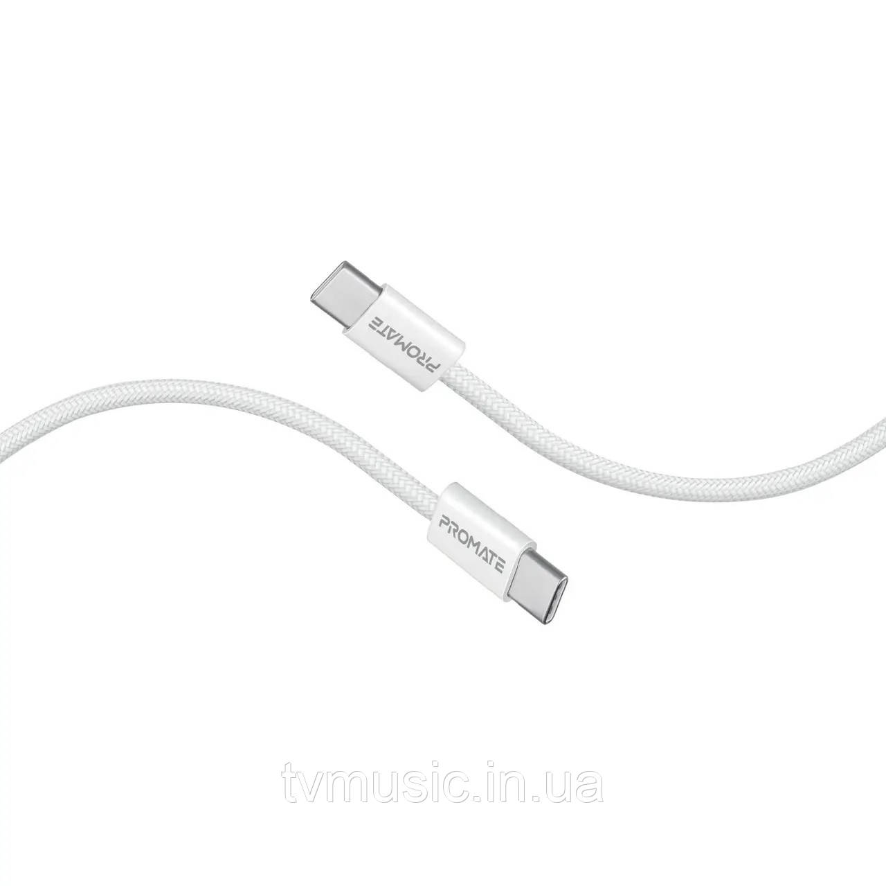 Кабель Promate EcoLine-CC200 USB-C to USB-C 60W Power Delivery 2 м White, фото 1