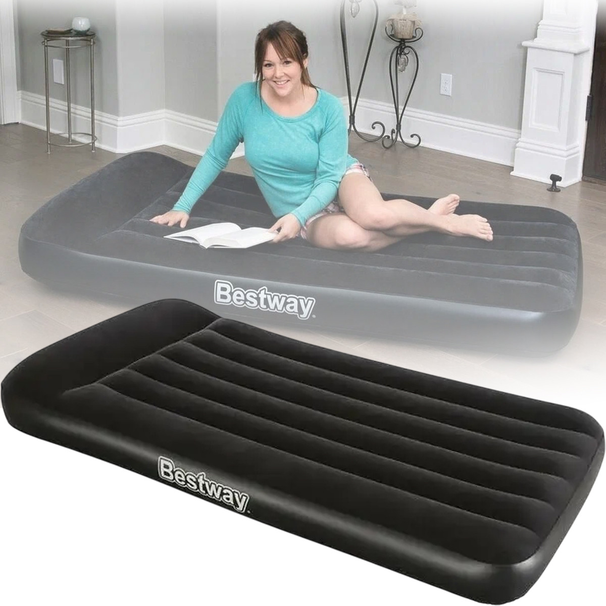 Односпальне велюрова надувне ліжко з підголовником Bestway 67556 з вбудованим насосом 188х99х30 см Чорний, фото 1