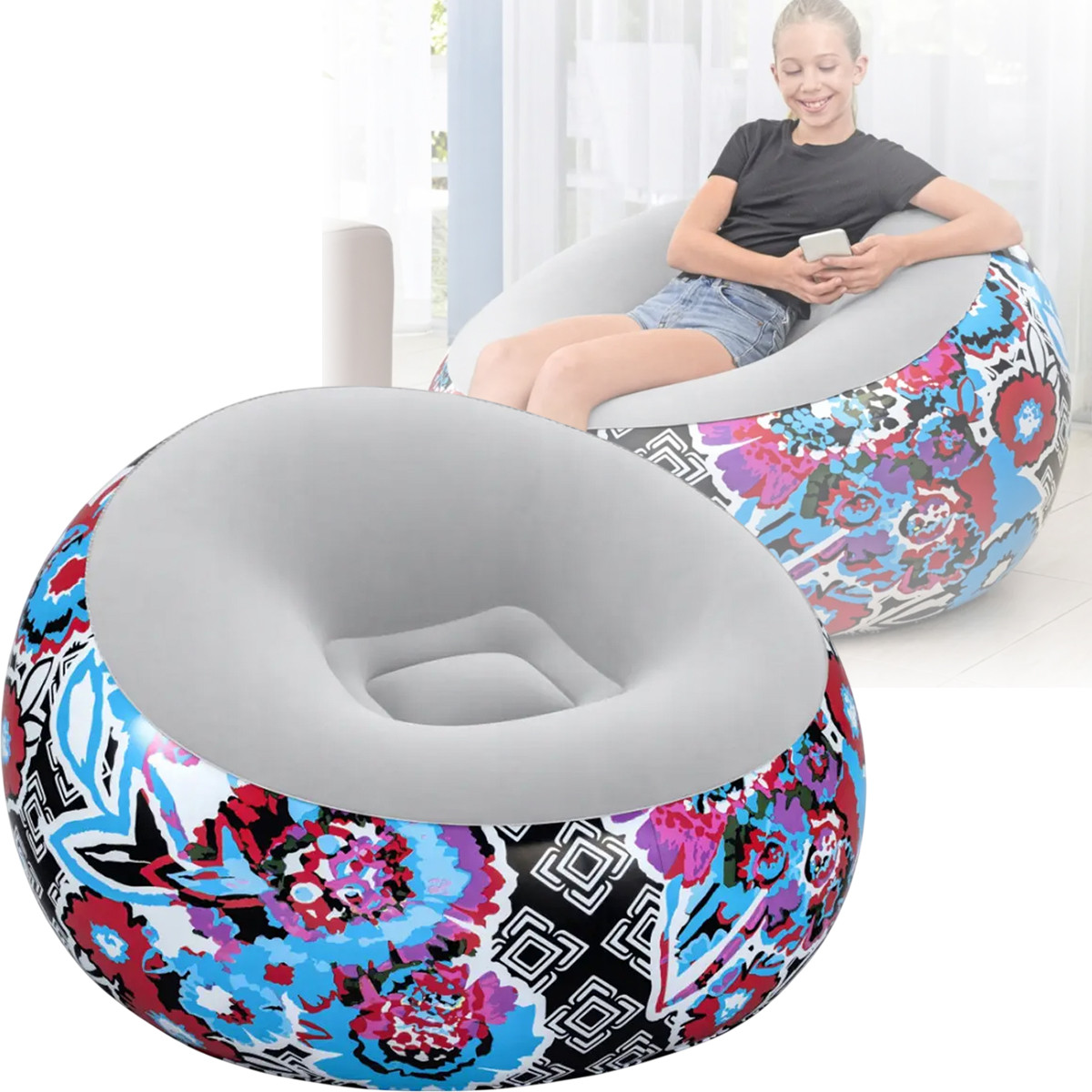 Надувне велюрове крісло-груша 112х112х66 см Bestway 75111 Кольорове Крісло для дому та тераси, фото 1
