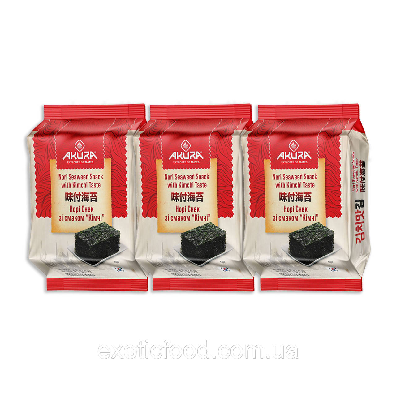 Норі - снек Seaweed зі смаком кімчі AKURA 4.5 г, Пакування 3 шт