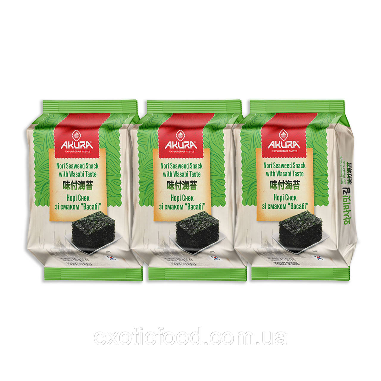 Норі - снек Seaweed зі смаком васабі AKURA 4.5 г, Пакування 3 шт