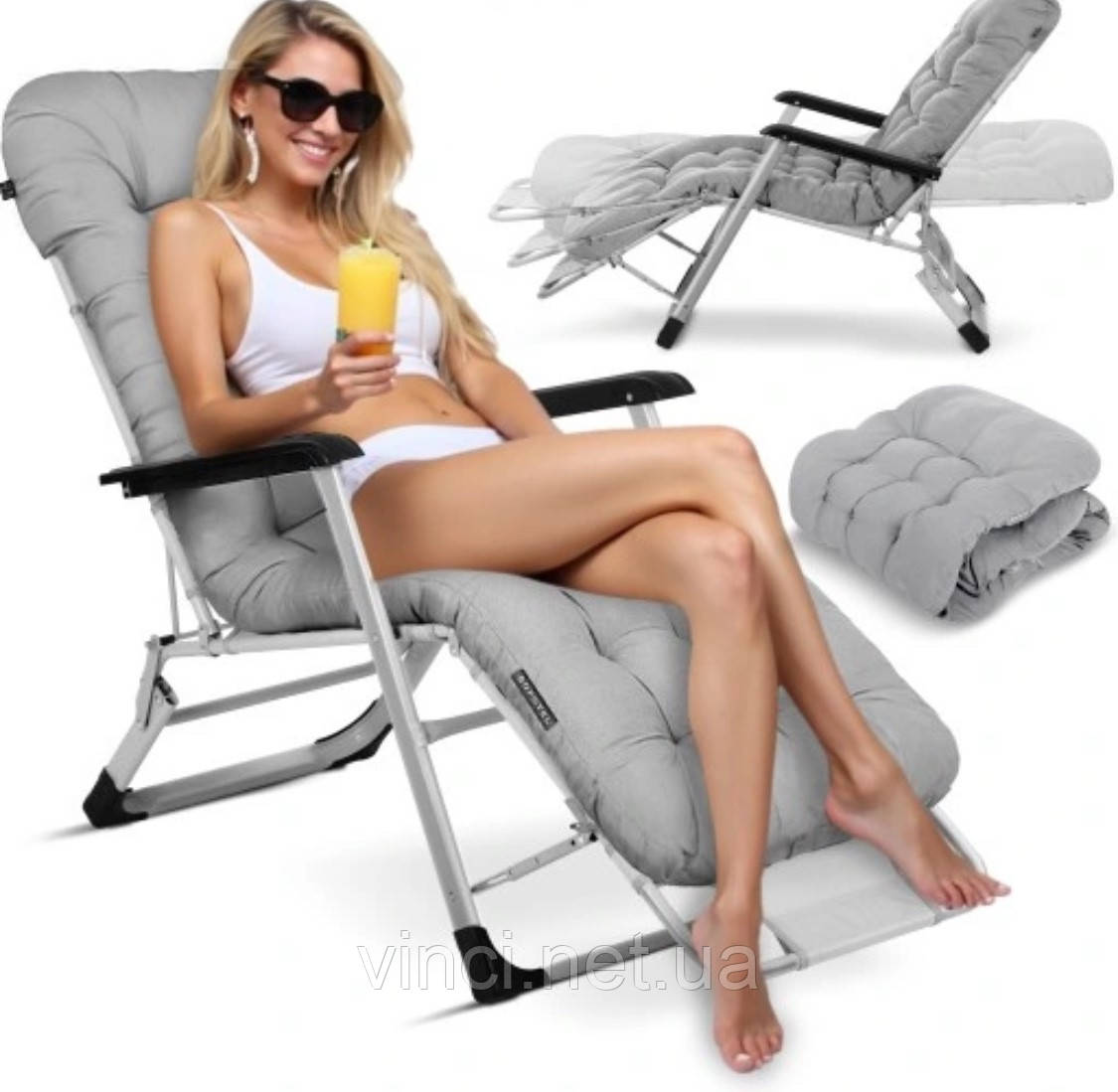 Шезлонг садовий + МАТРАЦ і підголівник ChillWell Luxury світло сірий 286402 Розкладне крісло Лежак до 120кг, фото 1