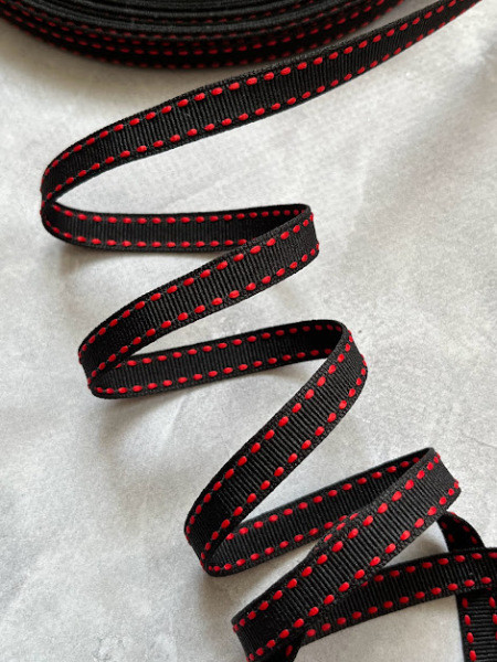 Репсова стрічка 9 мм чорна з червоною смужкою, арт 08780, 1 метр, Чорний, фото 1