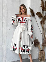 Вышитое женское платье Красная калина из льна размер S, M, L