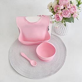 Комплект П-7 (роза кварц) силіконові слинявчик та глибока тарілка з ложкою, посуд для прикорму