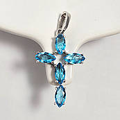 Срібний хрестик підвіска з блакитними овальними фіанітами