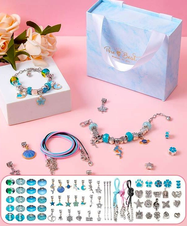 Набір прикрас DLS 1103 пандора, 6 основ для браслетів, шарми, у скриньці, блакитний, фото 1