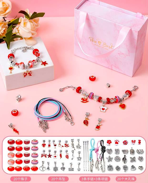 Набір прикрас DLS 1105 пандрова, 6 основ для браслетів, шарми, у скриньці, червоний, фото 1