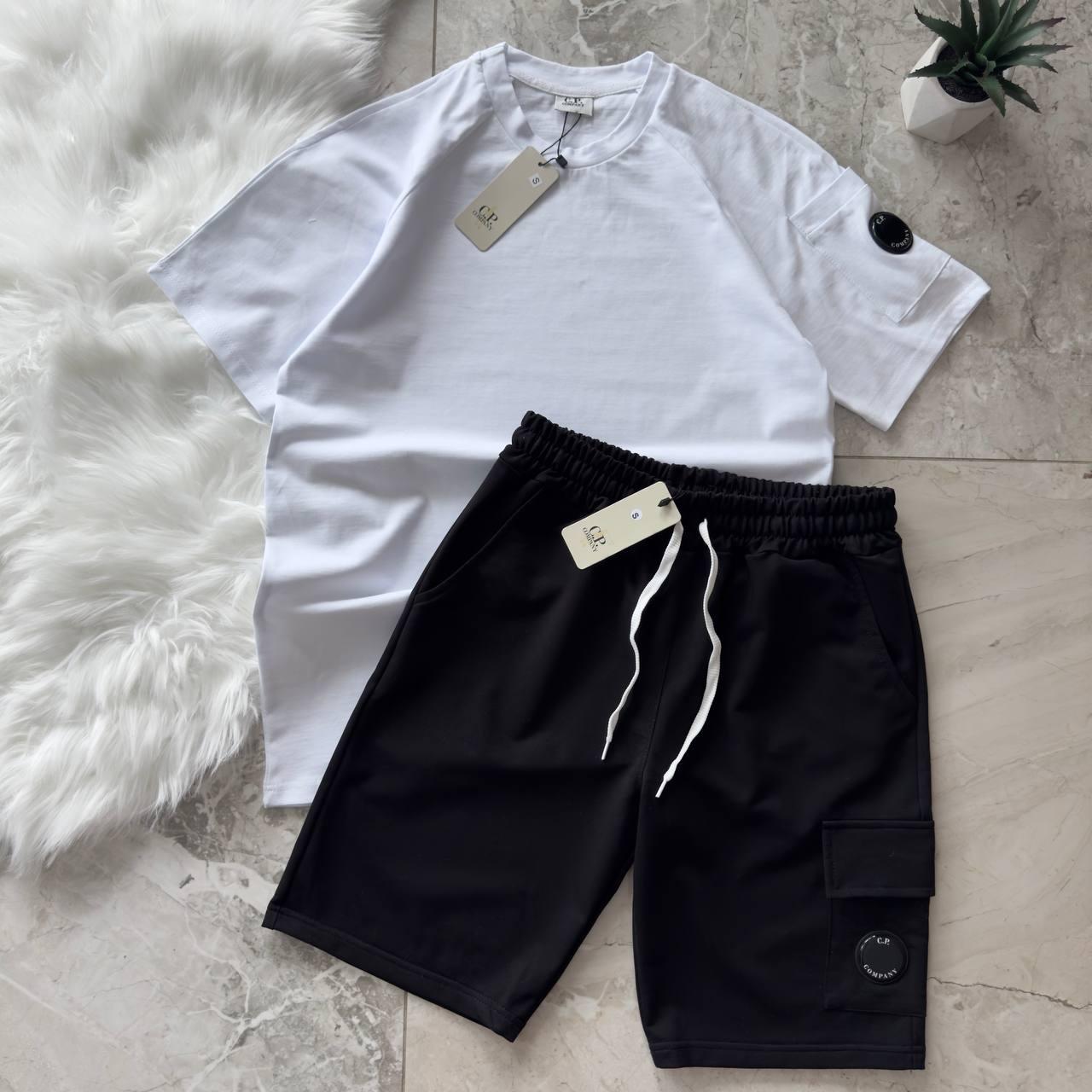 Літній спортивний костюм футболка+шорти C.P. Company White Black Комплект С.П Компані біло-чорний двонитка унісекс