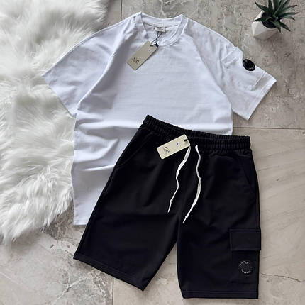 Літній спортивний костюм футболка+шорти C.P. Company White Black Комплект С.П Компані біло-чорний двонитка унісекс, фото 1