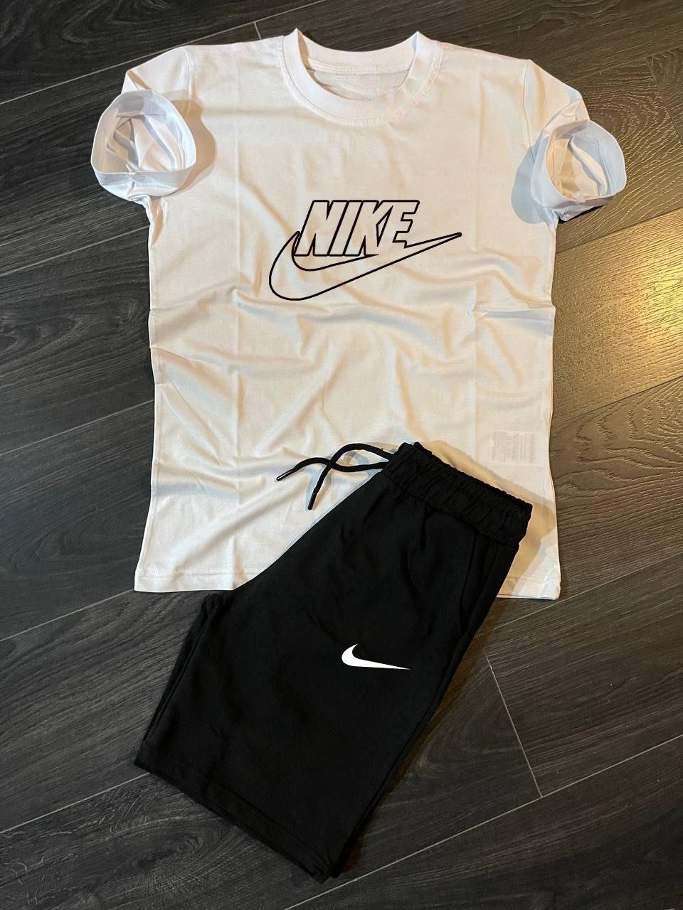 Чоловічий літній костюм Nike Футболка + Шорти білий з чорним комплект Найк, фото 1