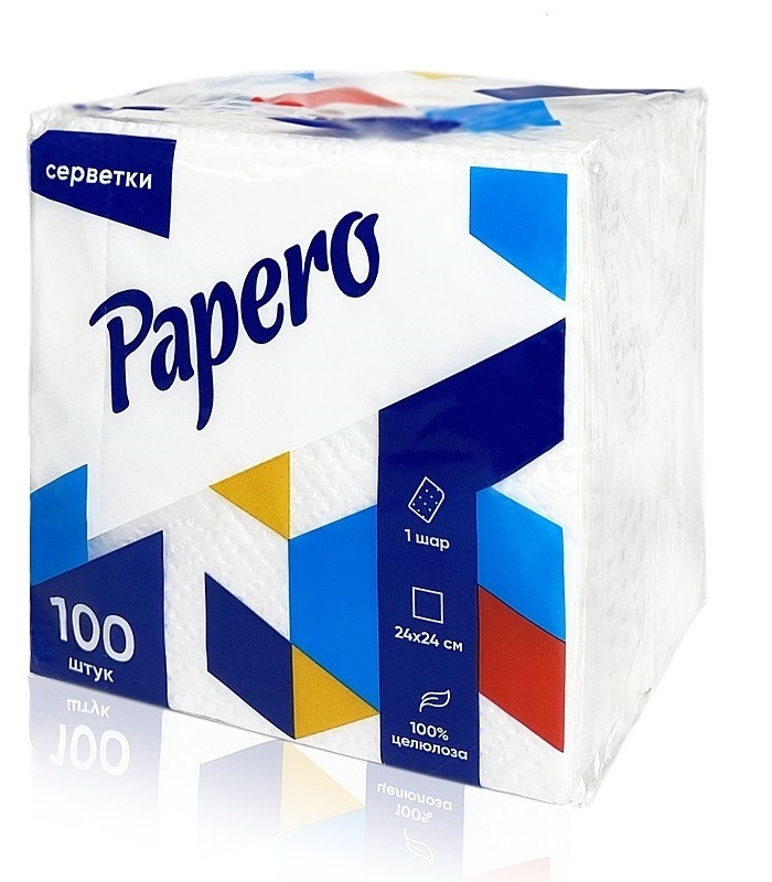 Серветки паперові Papero 24х24 см, 100 шт, білі , 1-шарові, фото 1