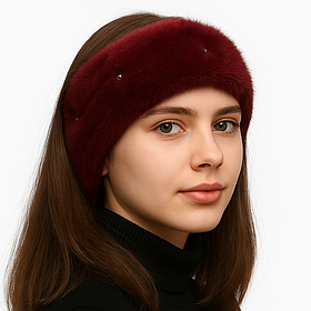Жіноча хутрова норкова пов'язка на голову з цільного хутра Марсала