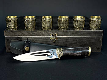 Подарунковий набір бронзових чарок "Бочка" (6 шт) з ножем