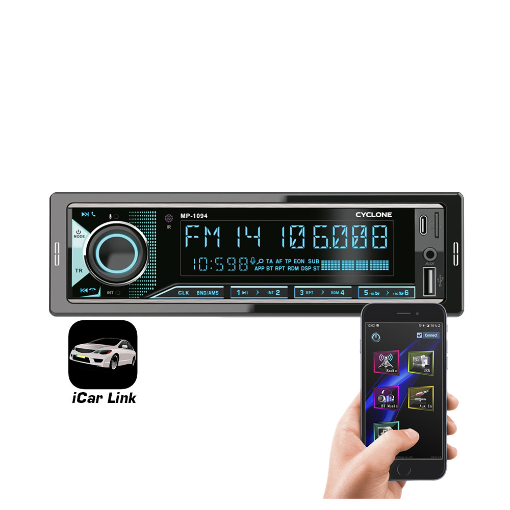 Автомагнітола 1DIN Cyclone MP-1094 з Bluetooth, USB, Type-C, FM, керуванням через смартфон