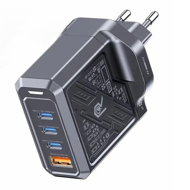 Мережевий зарядний адаптер Remax RP-U107 GaN 120W з 4 портами та кабелем 100W, чорний, фото 1