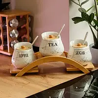 Набір із 3 керамічних банок по 500 мл для сипучих продуктів на бамбуковій підставці білий