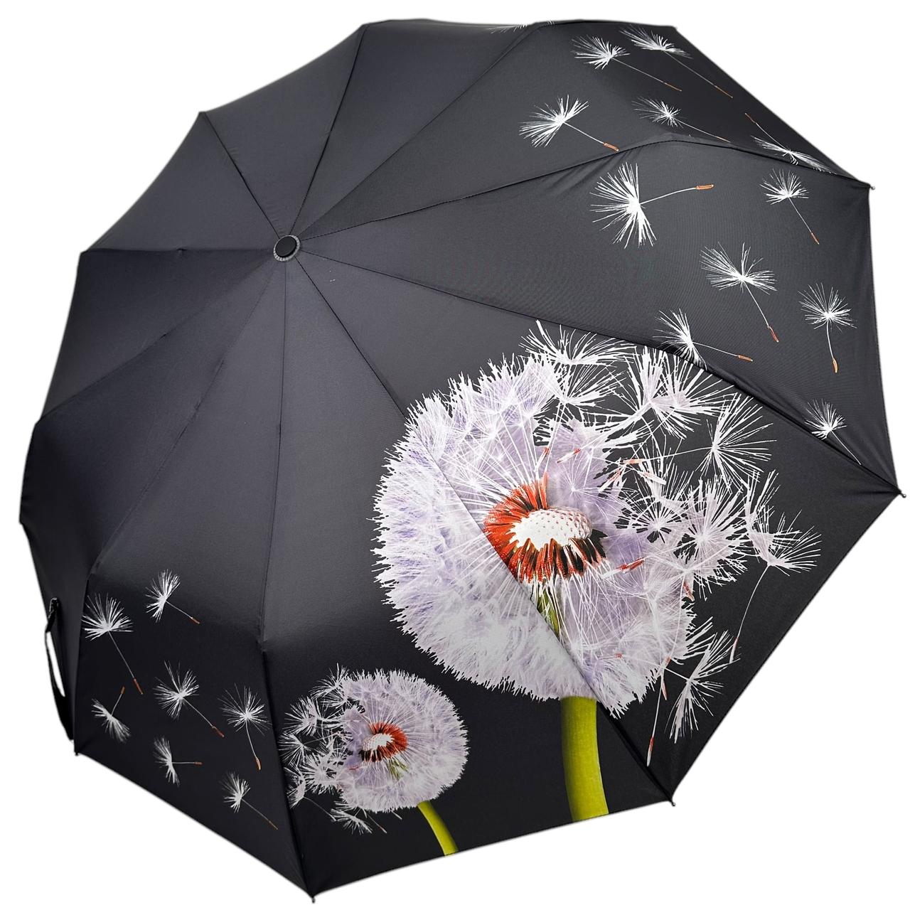 Яскрава жіноча парасоля напівавтомат з принтом кульбабки на 10 шпиць від Bellissima, чорний, 0638-2