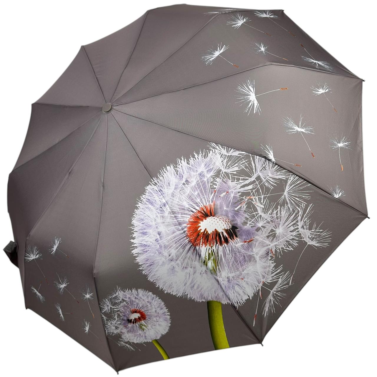 Яскрава жіноча парасоля напівавтомат з принтом кульбабки на 10 шпиць від Bellissima, сірий, 0638-4