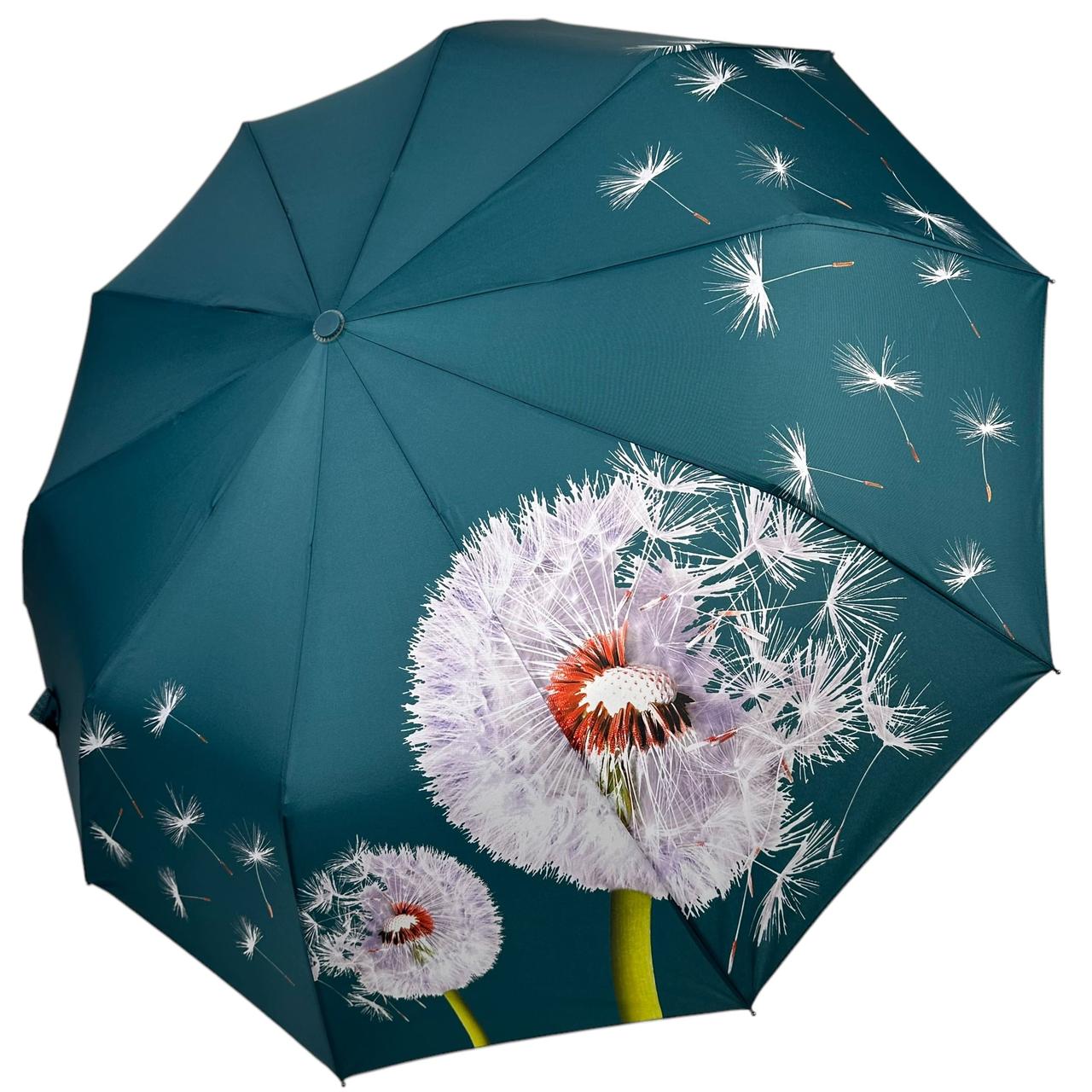 Яскрава жіноча парасоля напівавтомат з принтом кульбабки на 10 шпиць від Bellissima, зелений, 0638-5