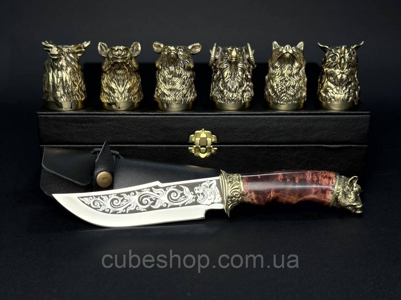 Набір бронзових стопок "Мисливські" (6 шт) з ножем