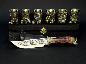 Набір бронзових чарок "Мисливські" (6 шт) з ножем