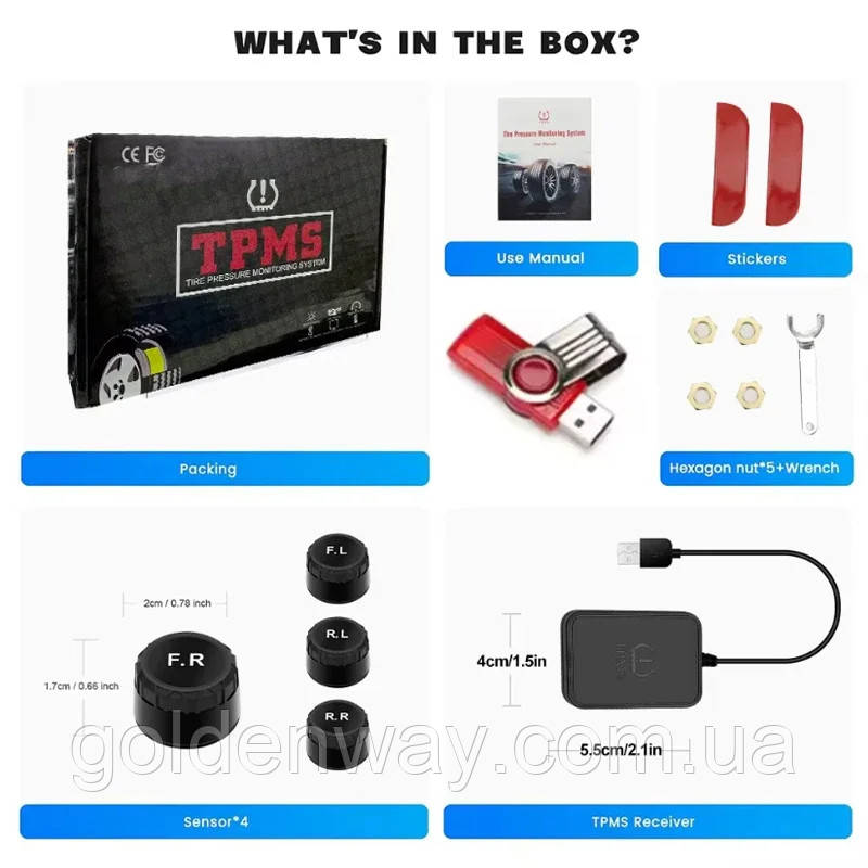 Система TPMS датчики контролю тиску в шинах для автомагнітоли магнітоли планшету ANDROID зовнішні ковпачки датчики коліс, фото 1