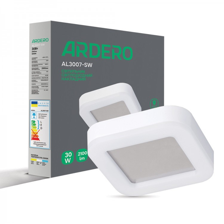 Світлодіодний світильник Ardero AL3007-SW 30Вт 5000K 2100Lm IP65 320х320x50мм накладний квадратний бiлий