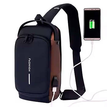 Чоловіча сумка через плече із замком та USB (31×17×8см), Чорний із золотом / Бананка чоловіча